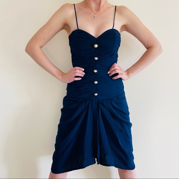 Vintage ST. GILLIAN NAVY BLUE SILK THIN STRAP Mini PARTY DRESS button front - Picture 4 of 7